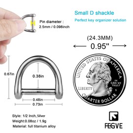 FEGVE Small Titanium Key Ring with Screw Shackle - Car Fob Keychain Heavy Duty Strong Mini Titanium D Rings- 1/2 Inch/12mm (Silver 4 Pack)