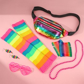 ViEinkaufen 80s Fancy Dress for women, 90s Fancy Dress costumes Accessories Set Waist Bag Neon Leg Warmers Fishnet Gloves Sunglasses Earrings Necklace Rave Accessories