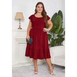 Keluummi Plus Size Women 2023 Summer Casual Cute Boho Floral Flutter Sleeve Tiered Midi Dress with Pocket(KEL6017,26,Wred)