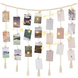 Macrame Hanging Photo Display Decor, Boho Wall Picture Hanger with String Lights and 30 Clips, Pictures Cards Holder for Bedroom, Living Room, Office, Nursery Dorm