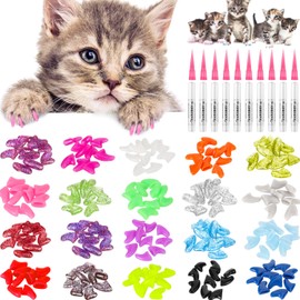 WILLBOND 200 Pieces 20 Color Cat Claw Caps Cats Paws Grooming Nail Claws Caps Covers Nail Claws with 10 Pieces Adhesive Glues and 10 Pieces Applicators with Instruction for Pets Cats