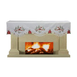 Creative Linens Holiday Christmas Mantel Scarf 19x70 Embroidered Red Poinsettia Christmas Tree Snowy Cabin Winter Fireplace Decoration White