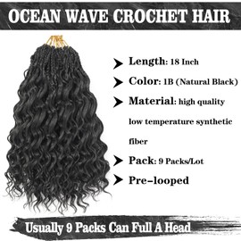18 Inch 9 Packs Ocean Wave Crochet Hair Curly Crochet Hair for Black Women Short Deep Wave Pre Looped Synthetic Braiding Hair Hair Extensions (1B)