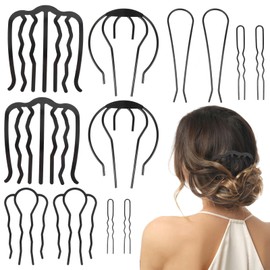CURASA 12 Pcs Metal Hair Side Combs Black French Hair Stick For Updos Large U-Shape Teeth Pins Vintage Decorative Accessories Twist Fork Clip For Styling Messy Bun Maker For Women Girls