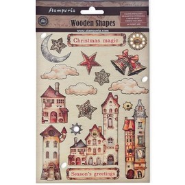 Stamperia - Coloured Wooden Shapes for Scrapbooks, Albums, Bullet Journals and More, Laser Cut, Printed for Enhanced Detail, Perfect for Crafts and Gifting (Gear up for Christmas, Cosy Houses) (A5)