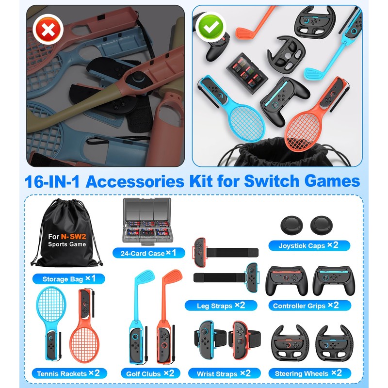 【16 in 1セット】2025年新登場！Switch2 Sports(ニンテンドースイッチスポーツ)アクセサリバンドル 体感ゲーム対応 対戦実装 没入感体験 体感スポーツ対応 Joy-Conグリップ用アクセサリ