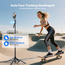FOURPILLARS 68" Extendable Auto Face Tracking Tripod with Stand, 360° Rotation That Follows Your Movement, Portable Phone Tripod Stand with Remote for Content Creator Vlog Live Stream Video Recording