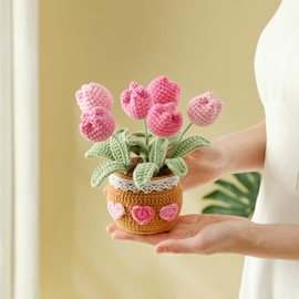 Niflirt Tulips Crochet Flower Bouquet Crocheted Potted Plant Flowers Forever Tulip Pot Crafted Decor (Pink)