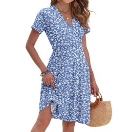 AUSELILY Womens Summer Dresses 2025 Short Sleeve V Neck Floral Sundress with Pockets, Gray Blue Flower M