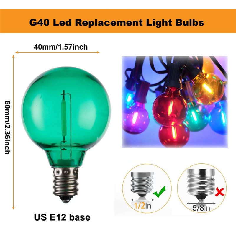 abulber G40 Multicolor Led Outdoor String Light Bulbs,Shatterproof Waterproof, E12