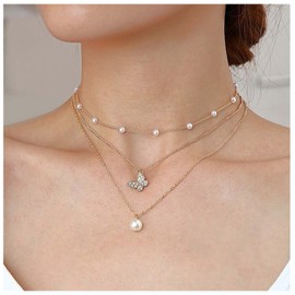 Yheakne Vintage Layered Pearl Choker Necklace Rhinestone Butterfly Pendant Necklace Gold Pearl Necklace Pearl Necklace Chain Jewellery for Women and Girls, Metal, Pearl, rhinestone