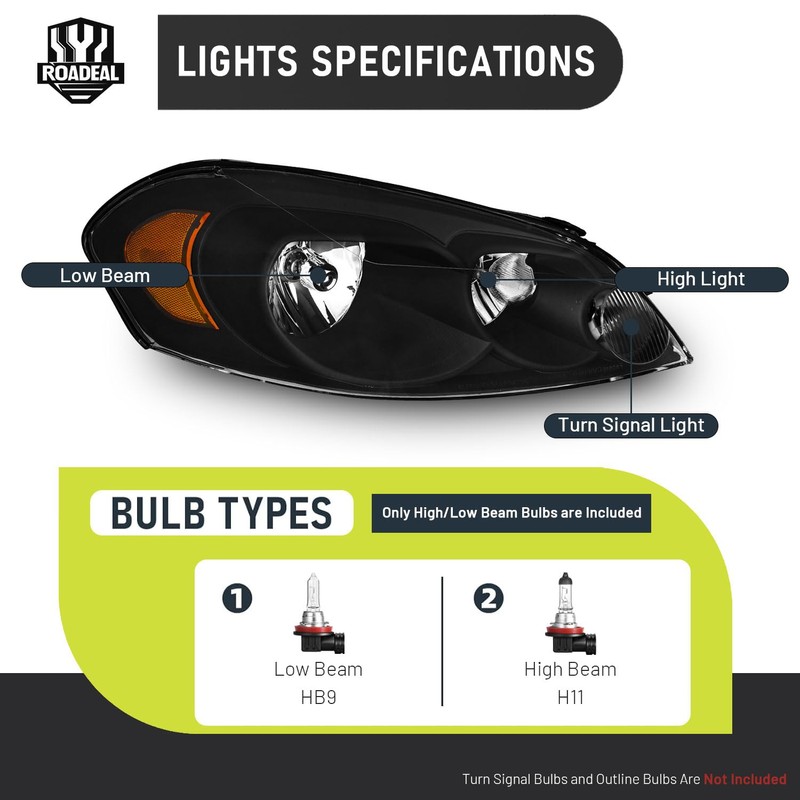 ROADEAL Headlights W/Bulbs for 2006-2013 Chevy Impala, 2006-2007 Chevy Monte
