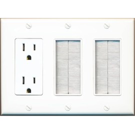 RiteAV - Triple 3 Gang Brush Wall Plate Faceplate + Decorative 15A Power Outlet - Cable Cover with Mesh Bristles White