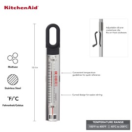 KitchenAid KQ907 Curved Stainless Steel Paddle Style Candy and Deep Fry Thermometer with pan clip, TEMPERATURE RANGE: 100F to 400F, Black