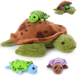 MorisMos 32 cm Plush Cuddly Toy Turtle with 3 Babies in Shell, 4 Pieces Cute Cuddly Turtles Plush Toy Stuffed Toy, Turtle Toy Decorative Cushion for Birthday Theme Party Christmas Gift