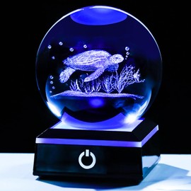 YWHL 3D 3.14in Crystal Sea Turtle Ball Gifts for Women Men with Colorful LED Base 3D Laser Etched Glass Sea Turtle Ball Ornaments Sphere Decor Figurines Gifts for Turtles Lovers