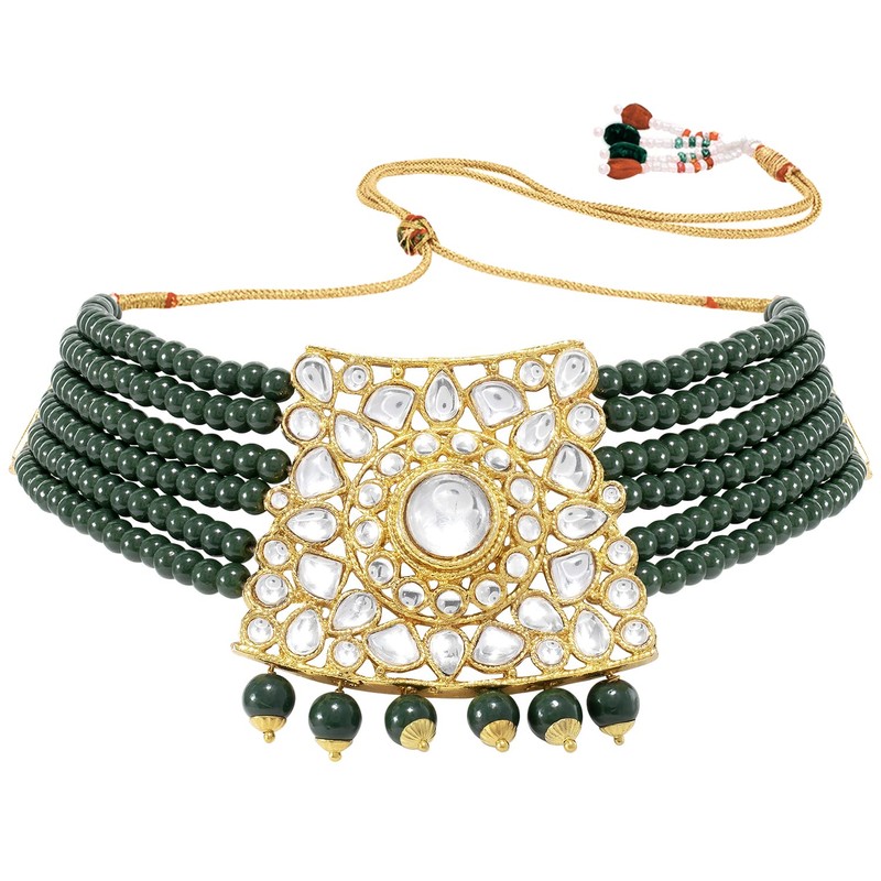 Aheli Trendy Gold Plated Green Kundan Pearl Gargantilla Collar con