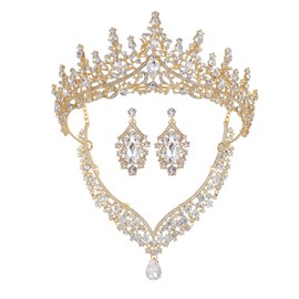 Tiaras and Crowns for Women,Tiaras Earrings Necklace, Crystal Bridal Jewelry Set, (KC Gold white)