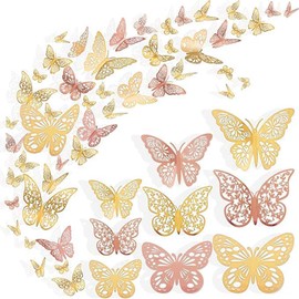 EDLMKM 72 Pcs 3D Butterfly Wall Decor, Butterfly Wall Art Decoration Garden Ornaments Outdoor Indoor, Gold and Rose Gold, Fences Kitchen Art Deco, Birthday Party, Bedroom Decorations