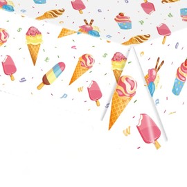 Dusenly Ice Cream Party Table Cover Disposable Rectangular Plastic Tablecloth Ice Cream Party Supplies Girls Birthday Summer Party Decorations