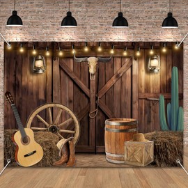 UMURILXY 7x5FT Western Cowboy Backdrop, Rustic Wooden House Barn Door Party Polyester Photography Background for Parties, Western Rodeo Photo Booth Prop Decorations