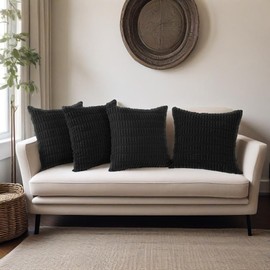 Hibate Black Corduroy Cushion Covers 45 x 45 Set of 4 Boho Decorative Square Throw Pillow Covers 18x18 Inch for Home Bohemian Decor Living Room Bedroom Sofa Couch