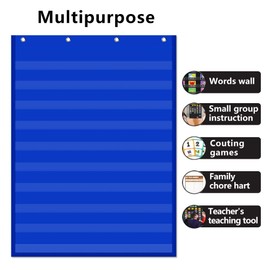 VNOM Standard Pocket Chart Clear 10 Pockets Chart for Classroom & Home Heavy Duty Hanging Pocket Chart for Word Wall/Letter Cards/Sentence Strips,28x43 Inch（Blue)