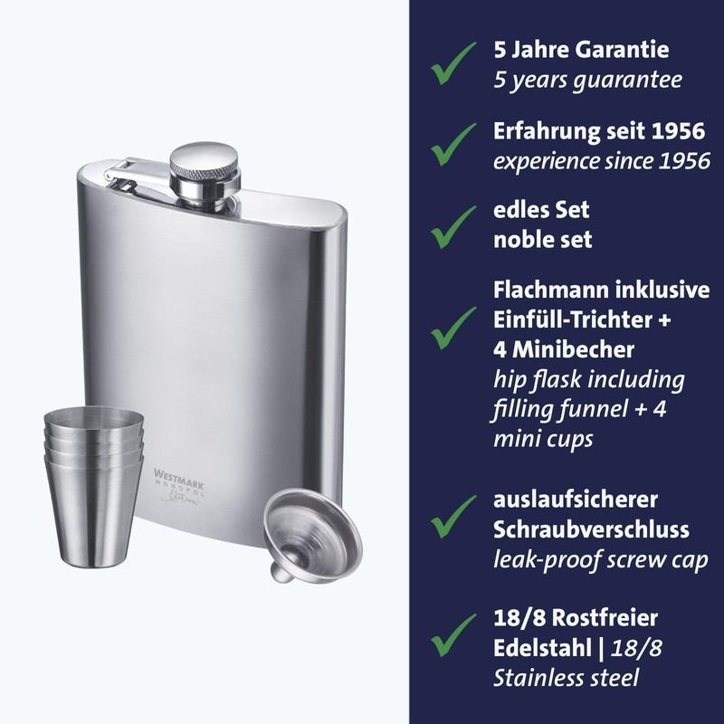 Westmark Pocket Hip Flask with Mini Funnel + 4 Cups