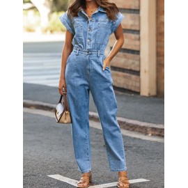Tongmingyun Women's Cap Sleeve Denim Jumpsuit Button Down Straight Leg Jeans Long Pants Rompers with Pockets