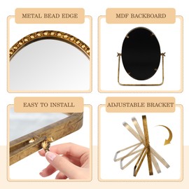 GIFTTROVE Vintage Desk Makeup Mirror, 12" L x 7.9" W Antique Gold Vanity Table Mirrors, Metal Framed Oval Small Standing Mirrors with Beaded, 360 Adjustable Rotation for Tabletop, Bedroom