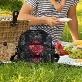 Aglebo Black Red Roses Insulated Lunch Bag for Women Men Reusable Lunch Box Cooler Bag Large Leakproof Lunch Tote with Adjustable Shoulder Strap for Adult Work Picnic Camping Beach Office