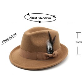 BUDUBIBI Fedora Hat for Men, Classic Short Brim Adjustable Panama Hat with Feather Winter Felt Jazz Cap(56-58cm, Khaki)
