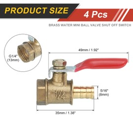 uxcell 4Pcs Brass Water Mini Ball Valve Shut Off Switch, G1/4" Female x 5/16" Hose Barb, 180 Degree Operation Handle, Brass Valve