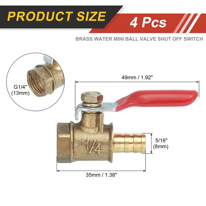 uxcell 4Pcs Brass Water Mini Ball Valve Shut Off Switch,