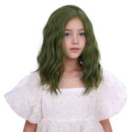 Edivd Child Light Sea Green Wig Girls Short Grass Green Side Part Wig Kids Wavy Curly Wigs Heat Resistant Synthetic Wigs with Cap