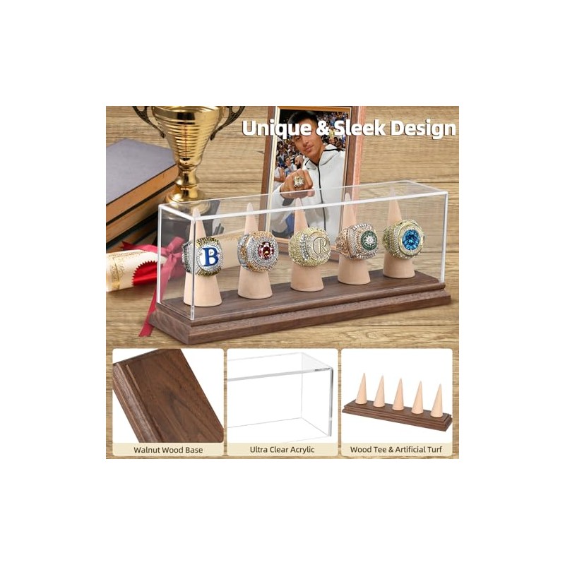 Championship Ring Display Case for 5 Rings – Walnut Wood