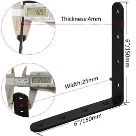 WEBI L Brackets Corner Bracket,90 Degree Steel Corner Brace- 8 Packs 4 mm Thick 6" X 6",Heavy Duty Shelf Brackets Right Angle Bracket for Shelf,Wood,Furniture,Shelves,Black
