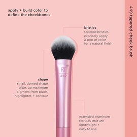 REAL TECHNIQUES Cepillo de maquillaje cónico para mejillas, para rubor, resaltador o polvo suelto, cerdas suaves, aplicación de maquillaje precisa, rosa, mango de aluminio, 1 unidad