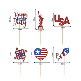 24Pcs Independence Day Cupcake Toppers Glitter Happy 4th of July Cupcake Picks National Heart Rocket Flag USA Cupcake Picks for American National Independence Day Party Decor Supplies