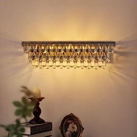 Wellmet Bathroom Vanity Light Fixtures Over Mirror 4 Lights Antique Bronze Crystal Bathroom Wall Light Fixtures Dimmable, Farmhouse Vintage Sconces for Mirror Cabinets, Powder Room, Bedroom, 24” L