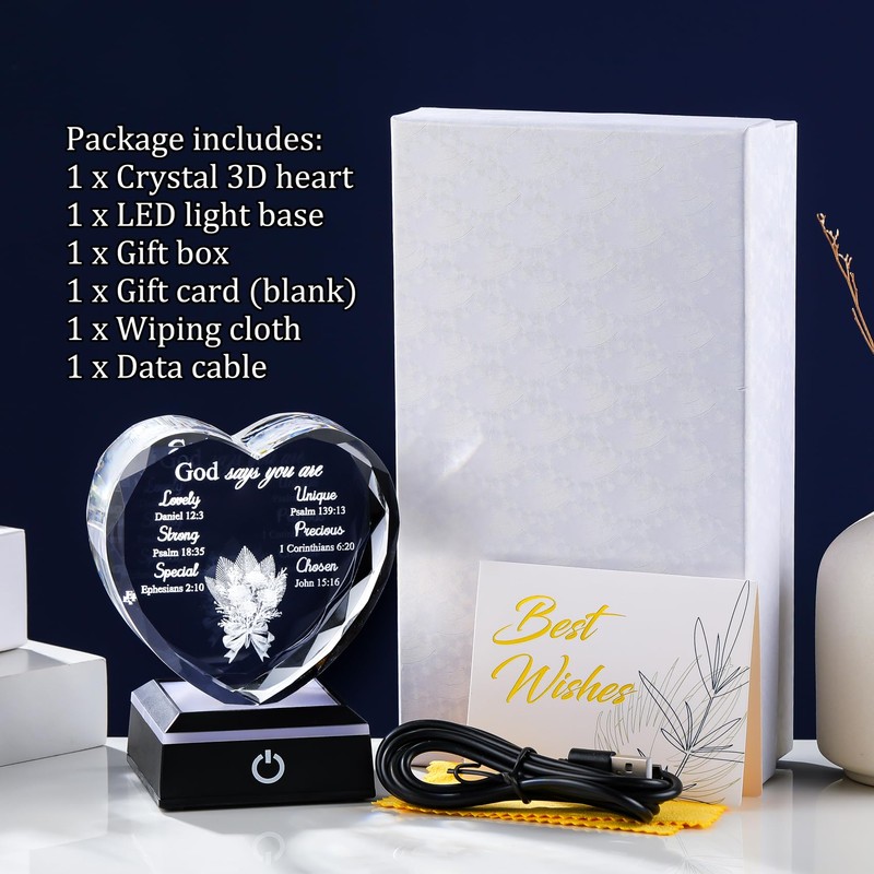 3D Glass Heart Christian Gifts for Women Men Faith Based
