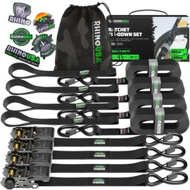 Automotive Parts and Accessories Rhino USA Ratchet Straps Tie Downs (4-Pack) - 1 Inch x 15 Feet (1,823lb Break Strength) - Ultimate Tie Down Straps with Safety S Hooks - Premium Straps for Trucks, Cargo, Moving, Appliances - Black
