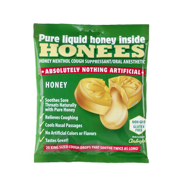 Honees Honey Menthol Cough Drops - 20-Piece, Single Pack Honey-Filled Lozenges | Temporary Relief from Cough | Soothes Sore Throat | All Natural