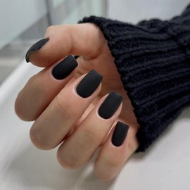 KQueenest Matte Black Press on Nails Short Medium Square, Natural Fake Nails Acrylic for Women Finger Wear, Salon Like Gel Glue on Nails Short Coffin, Fall Winter False Nails Set, 24 Pcs No Glue