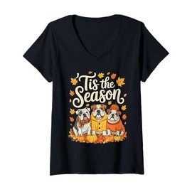 Womens Tis The Season English Bulldog Fall Autumn Pumpkin Dog V-Neck T-Shirt