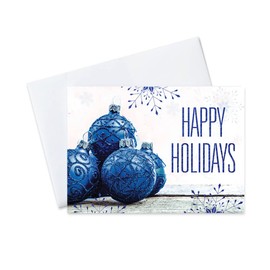 CEO Cards - Foil Stamped Holiday Greeting Cards (Blue Ornaments & Snowflakes), 5.625x7.875 Inches, 25 Cards & 26 White with Silver Foil Lined Envelopes (H1712)