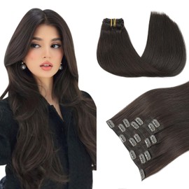 PINKPEARL Human Hair Extensions Clip ins 16inch Clip in Hair Extensions #2 Dark Brown Real Human Hair Clip on 120g 7pcs Remy Hair Clip ins for Women(#2-16)