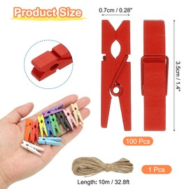 PATIKIL 1.4" Wooden Colored Clothes Pins, 100Pcs Mini Colorful Wooden Clothes Clips with 32Ft Jute Twine Strong Grip Photo Clips for Pictures Hanging Clothes Decorative Crafts, Red