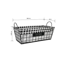 Rae Dunn ‘Kitchen’ Metal Lined Basket - Rustic, Farmhouse, Vintage Style with Wire and Fabric - Storage Organizer for Kitchen, Pantry, Laundry Room, Closet, Nursery, Office - Cute Home Décor