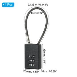 PATIKIL 4 Pack 3 Digit Combination Lock, Helmet Padlock Cable Lock Gym Locker Lock with 0.44Ft Flexible Security Steel Lock Wire for Bike Locker Travel Luggage, Black